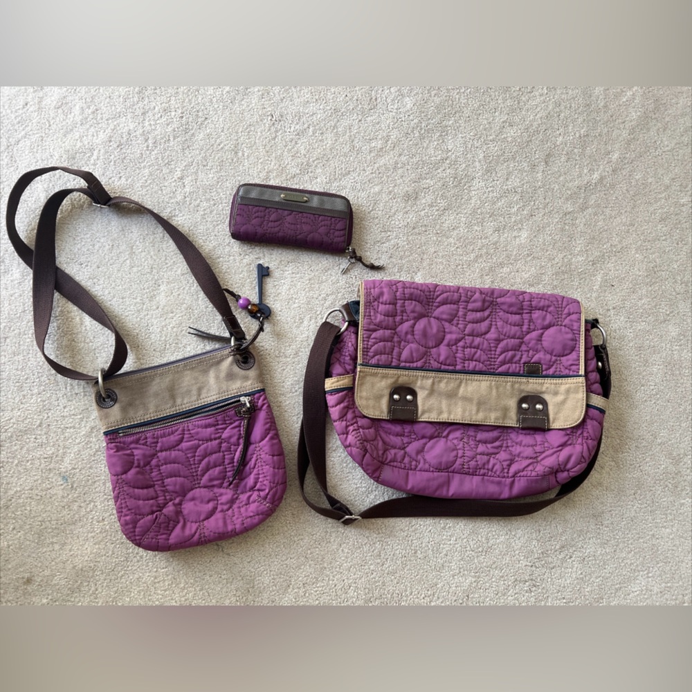 Fossil Wallet Crossbody Messenger Bag Purse Lot of 3 Quilted Purple Flower